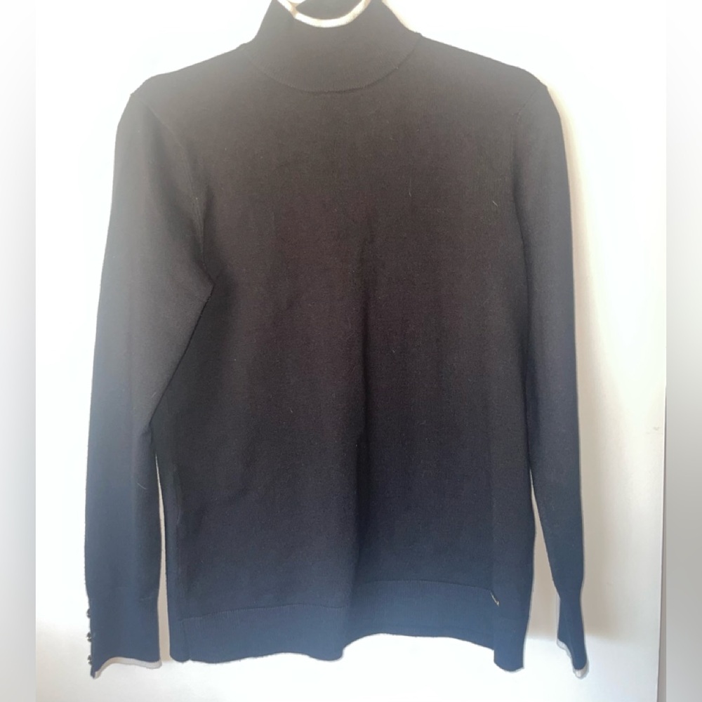 CALVIN KLEIN BLACK MOCK NECK WOMENS PULLOVER SWEATER GOLD BUTTONS WHITE TRIM S